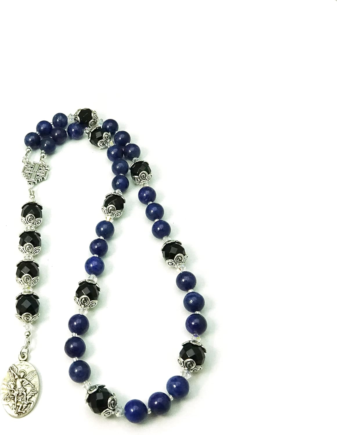 Catholic Prayer Beads St Michael Protector Small Chaplet Lapis Gemstone Blessed with Anointing Oil