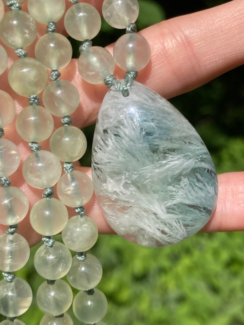 Prehnite and Scolecite in Fluorite Stone Mala Beads, 108 Mala Necklace, Knotted Mala, WWG Necklace, Yoga Jewelry Meditation Beads Spiritual Jewelry Boho Jewelry