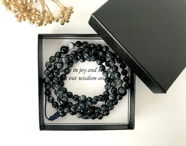 Natural BLUE Tiger Eye 8mm 108 Mala Beads, Spiritual, Meditation Beads, Reiki, Japa Mala, Buddhist Prayer Beads, Yoga Bracelet, healing beads LKMALA-RRGU-3389