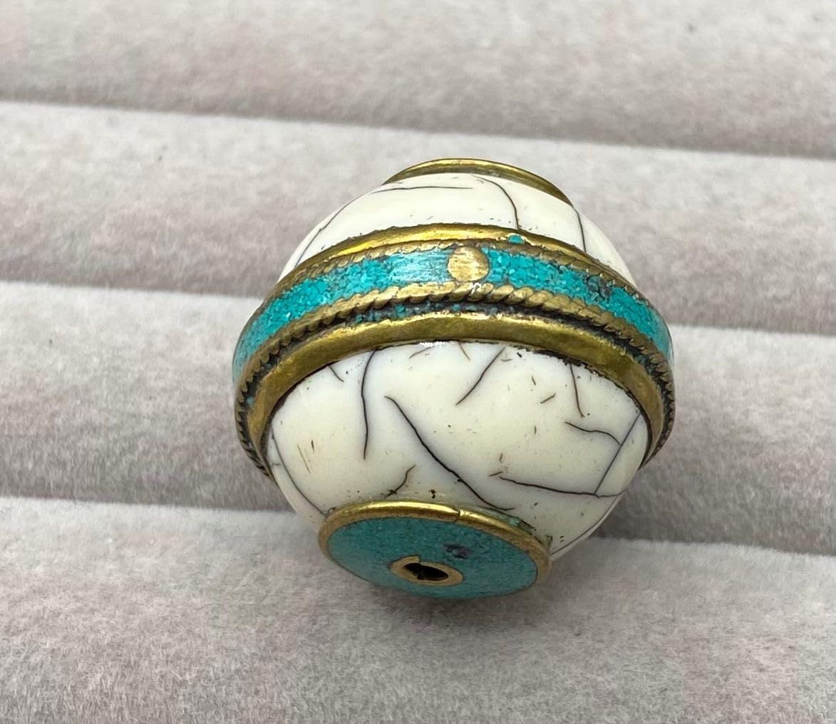 Handcrafted Nepalese Tibetan Natural Shell Pearl Bead with Turquoise 24x25mm –10.16g Round Carved Bead for Jewelry Making, Craft Supplies, DIY Necklace & Bracelet Design,Loose Beads (20)