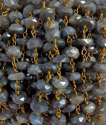 3 feet natural mistique labradorite rosary beaded chain - mystic labradorite beads size 6-7mm - 24k gold plated wire wrapped chain