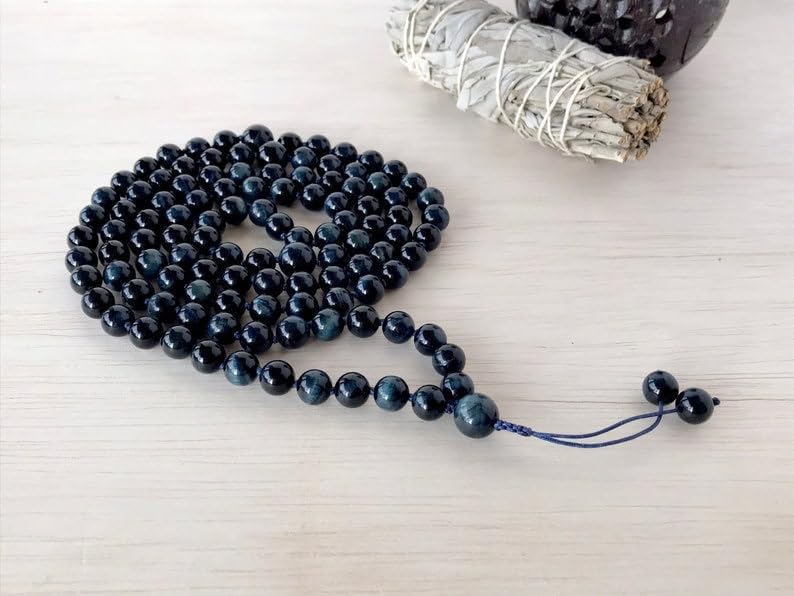 Natural BLUE TIGER Eye 8mm 108 Mala Beads, Spiritual, Meditation Beads, Reiki, Japa Mala, Buddhist Prayer Beads, Yoga Bracelet, healing beads LKMALA-RRGU-2405