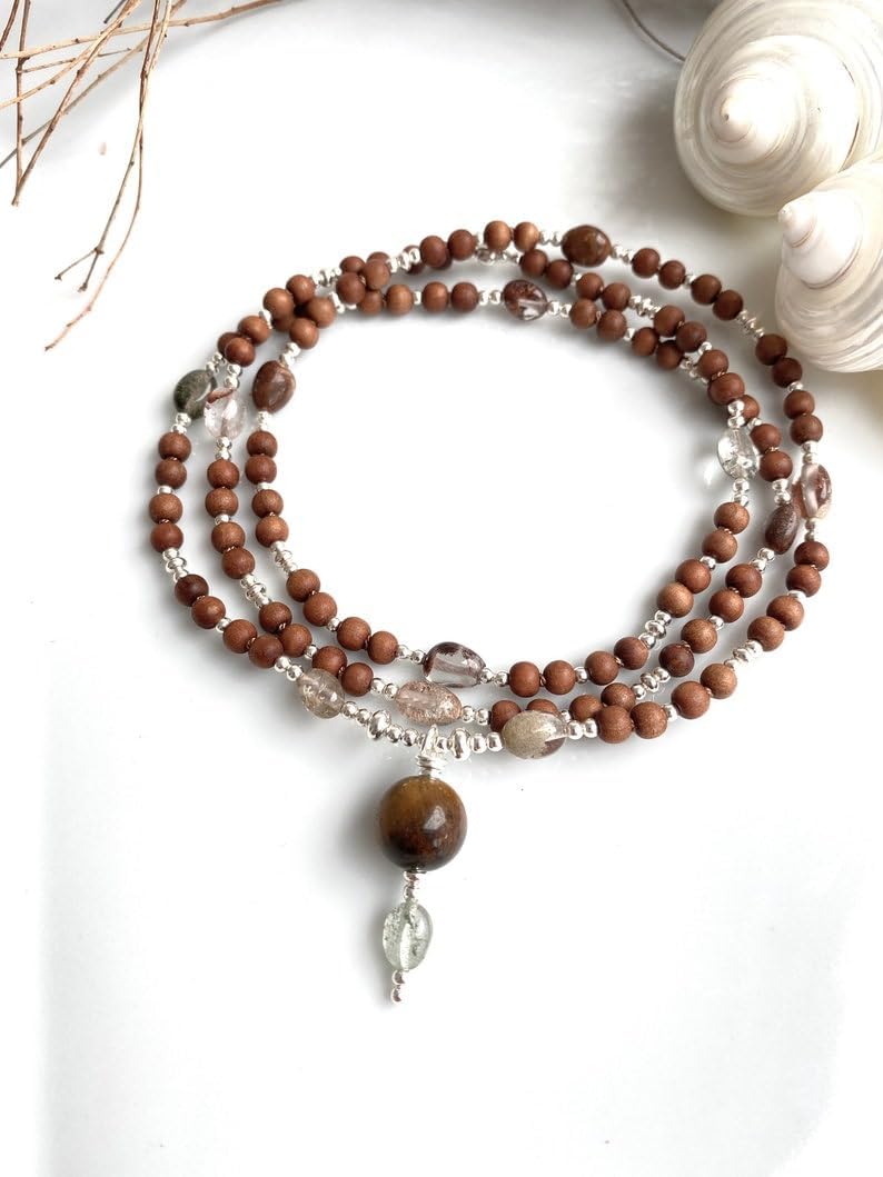 Natural sandalwood and inclusive quartz 5mm-6mm 108 Mala Beads, Spiritual, Meditation Beads, Reiki, Japa Mala, Buddhist Prayer Beads, Yoga Bracelet, healing beads LKMALA-RRGU-3486