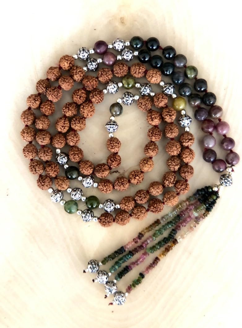 Natural Rudraksha and Tourmaline 8mm 108 Mala Beads, Spiritual, Meditation Beads, Reiki, Japa Mala, Buddhist Prayer Beads, Yoga Bracelet, healing beads LKMALA-RRGU-3558