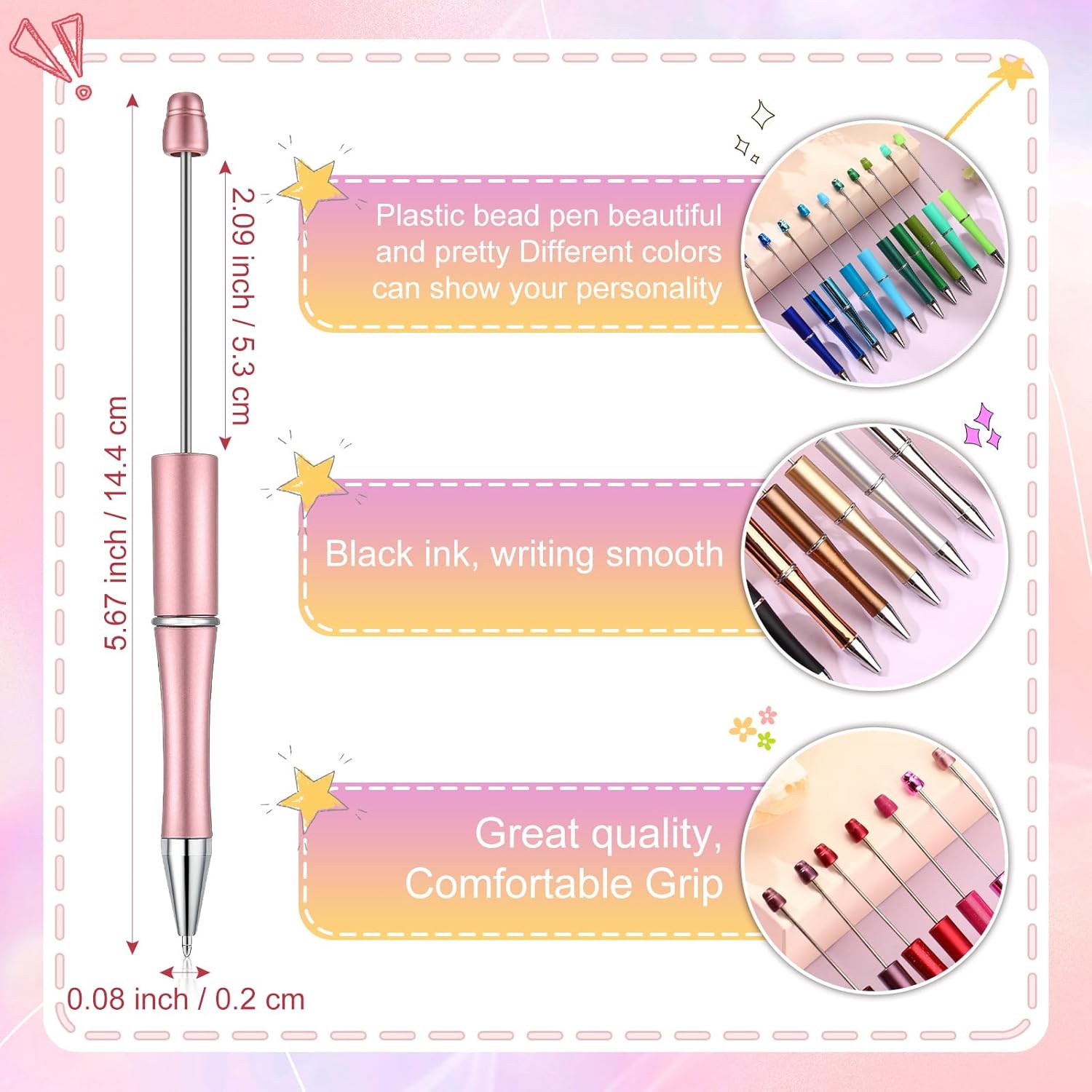 Kosiz 300 Pcs Beadable Pen Bulk Assorted Plastic Bead Pen DIY Black Ink Ballpoint for DIY Making Kids Students Office Back to School Gift Supplies(Multicolor)