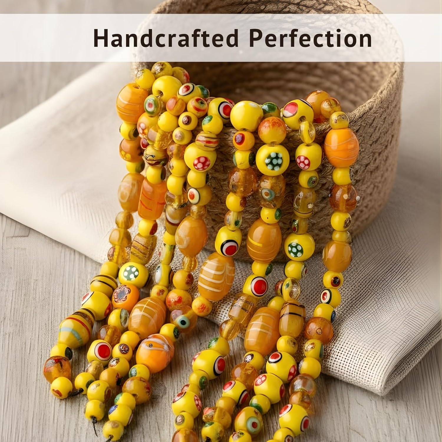 Yellow Lampwork Glass Beads | Artistic Mixed-Shape Spacer Bead Strands for Adult Jewelry Making & Professional Craft Design | 50 Strands of Handmade Glass Craft Beads.