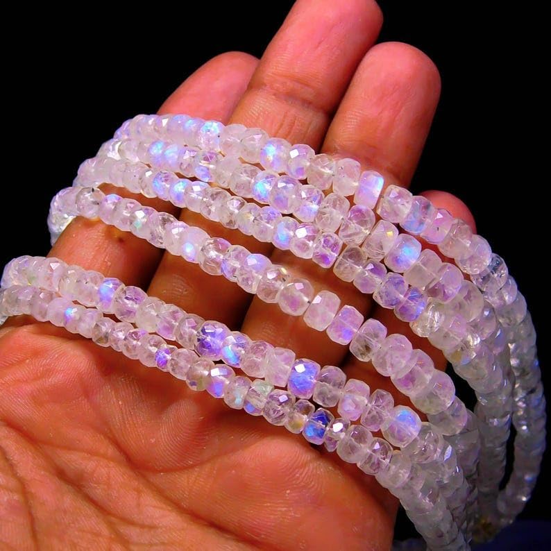 SPARKLE GEMS & JEWELS Faceted Rainbow Moonstone Rondelle Beads 3–5 mm, 12 Inch Strand, Blue Fire Moonstone for Jewelry Making, Handmade Necklace Bracelet Earrings, Natural Gemstone Beads (10 Strand)