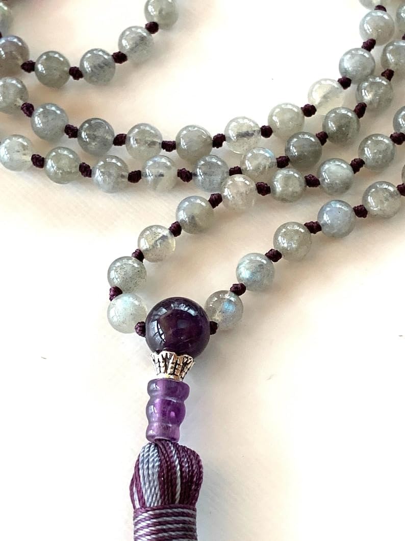 Natural Labradorite and Amethyst 6mm 108 Mala Beads, Spiritual, Meditation Beads, Reiki, Japa Mala, Buddhist Prayer Beads, Yoga Bracelet, healing beads LKMALA-RRGU-1643