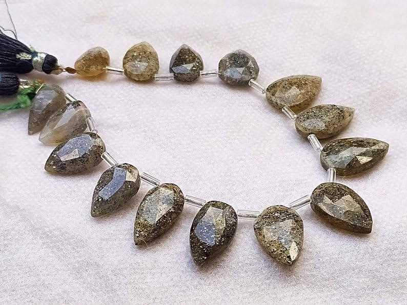 8 inch Strand of Natural Gray Moss Agate 15-17 mm pear Faceted briolette Beads for DIY Jewelry Making. |BRIO_03593