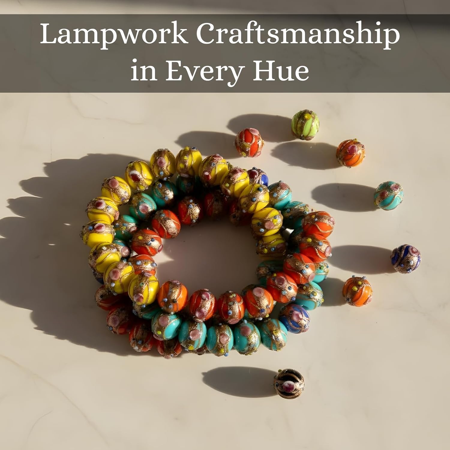 Handcrafted 12mm Multicolor Round Glass Beads | Decorative Beads with Gold Accents | Available in 20 Strands | Ideal for Jewelry Making, DIY Crafts & Accessories