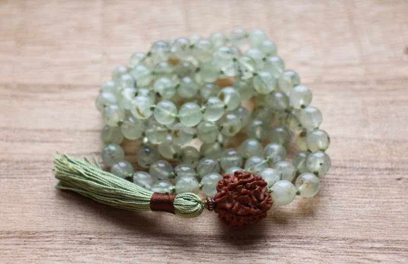 Natural Prehnite and Rudraksha 8mm 108 Mala Beads, Spiritual, Meditation Beads, Reiki, Japa Mala, Buddhist Prayer Beads, Yoga Bracelet, healing beads LKMALA-RRGU-2939