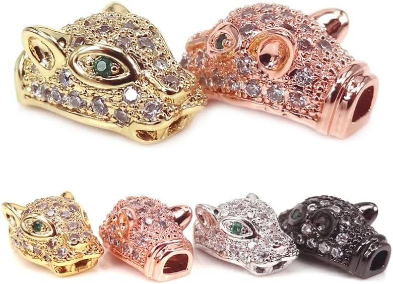 Davitu Silver Gold Color Green Eye Leopard Head Bead,Micro Pave White cz Cubic Zircon Leopard Head Bead for Bracelet Making Spacer Bead - (Color: Black)