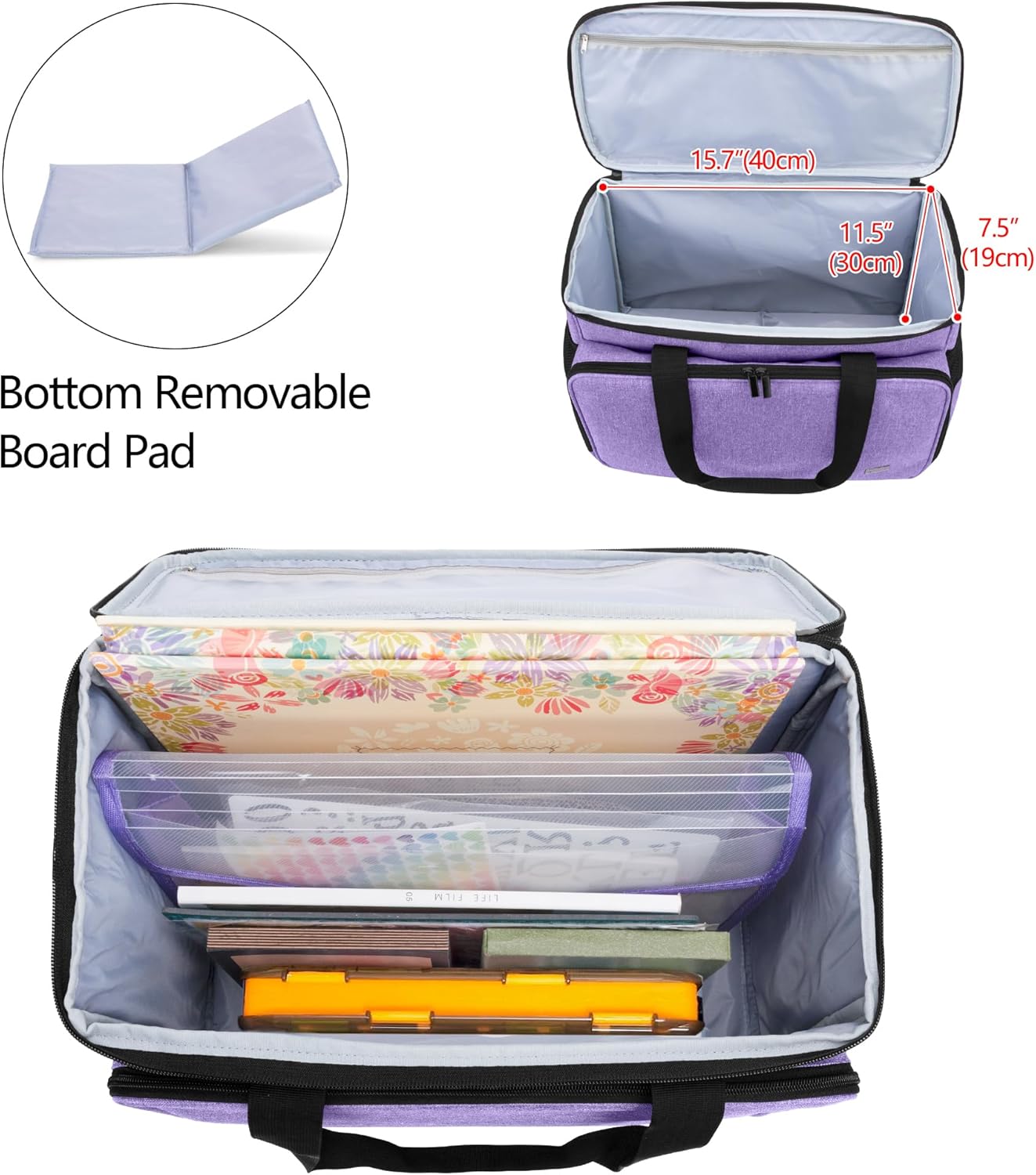 Yarwo Rolling Craft Bag on Wheels 2.0, Women Craft Scrapbook Tote Bag with Detachable Trolley and Extra Bottom Board for Teaching Crafts Supplies and Tools, Rolling Teacher Cart for Women, Purple