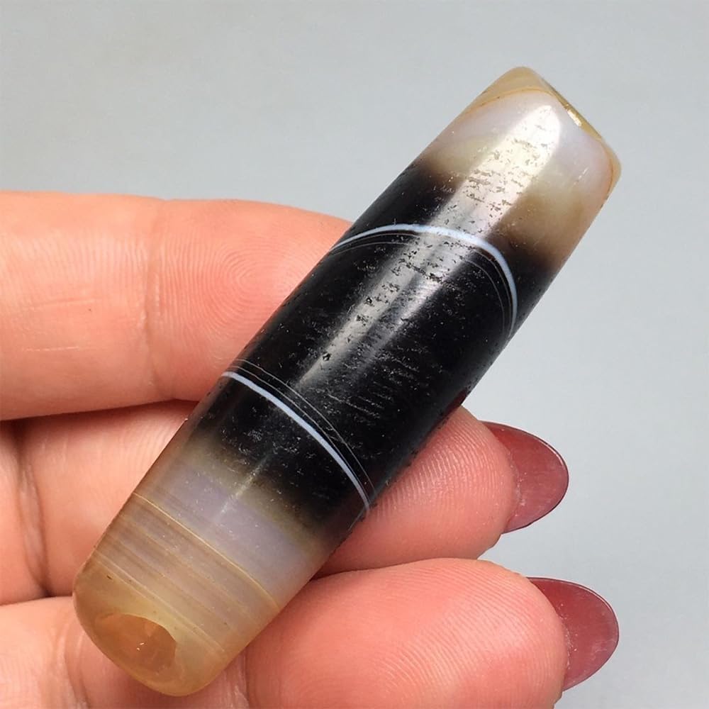 Men Tibetan dzi Beads, Tibetan Natural Agate Threaded Dzi Bead Wrapped Wire 5.7x1.5cm 0.5mm Through-Hole