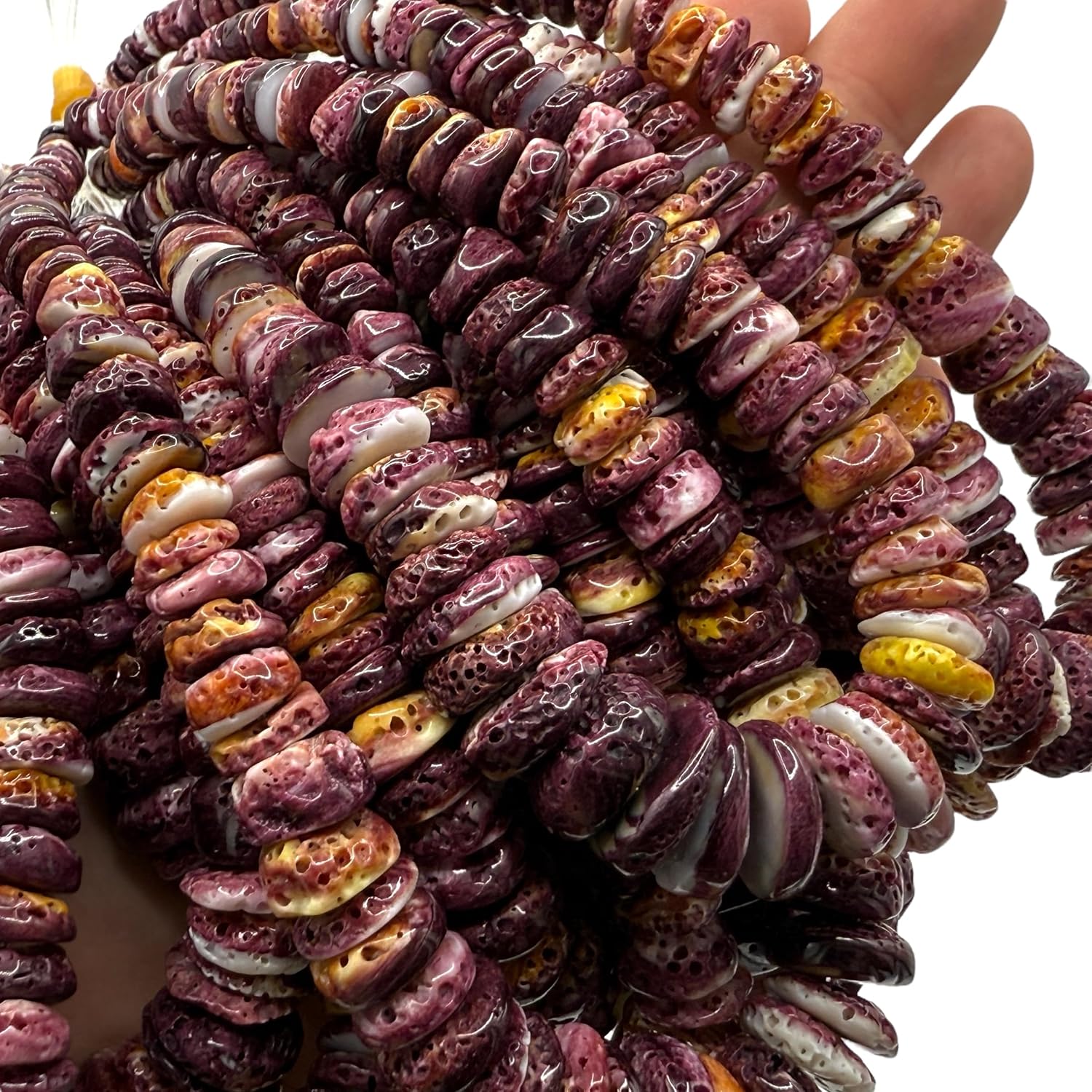 ABCGEMS Gigantic Purple Spiny Oyster Shell Beads (Ethically Sourced- Small Batch Production) Raw Texture with Yellow Highlights - Ocean Formed Pinholes Over 10+ Years - Heishi 8-20mm (Graduated)