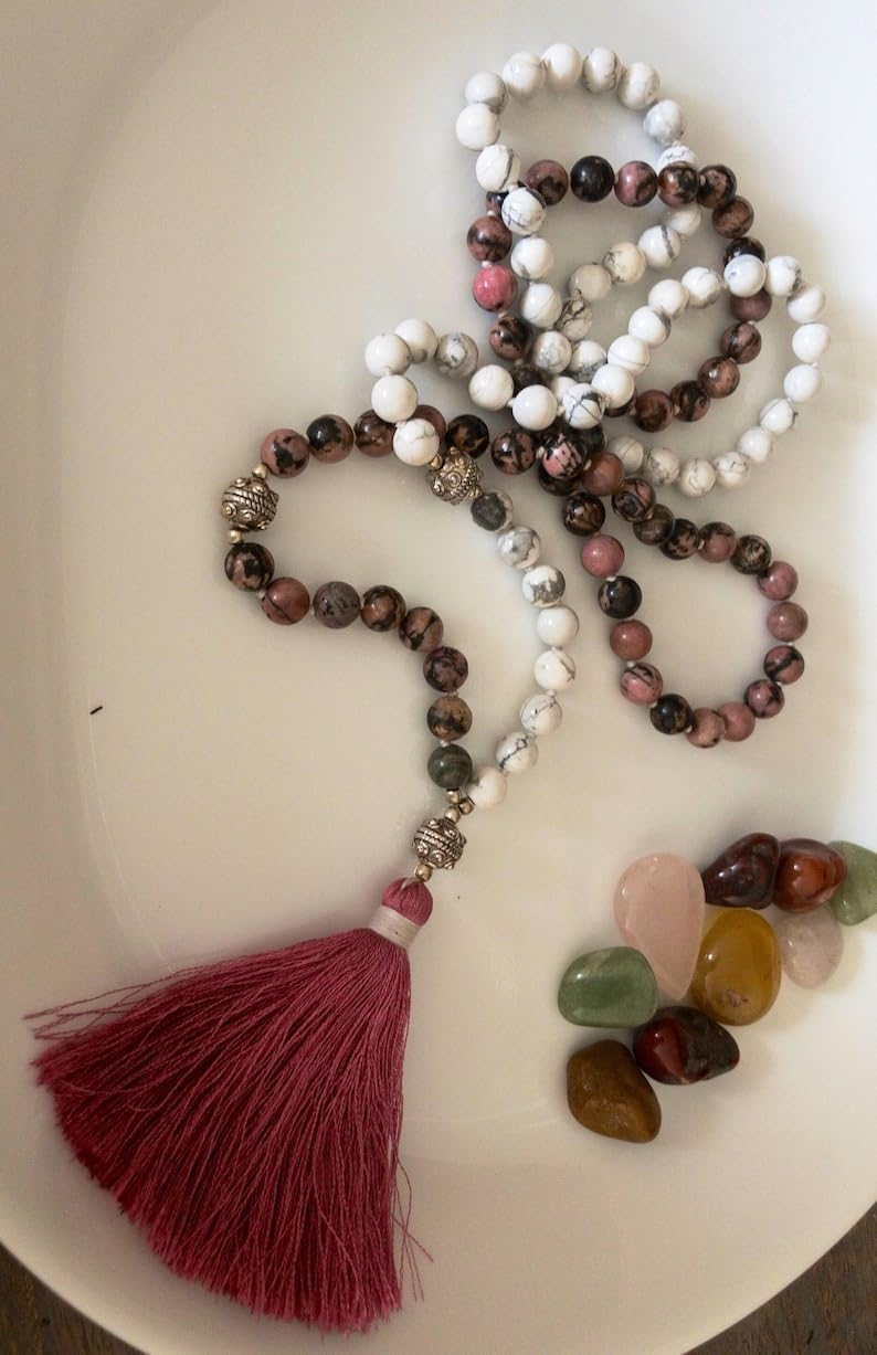 Natural Howlite Rhodonite 8mm 108 Mala Beads, Spiritual, Meditation Beads, Reiki, Japa Mala, Buddhist Prayer Beads, Yoga Bracelet, healing beads LKMALA-RRGU-3538, 34 inch
