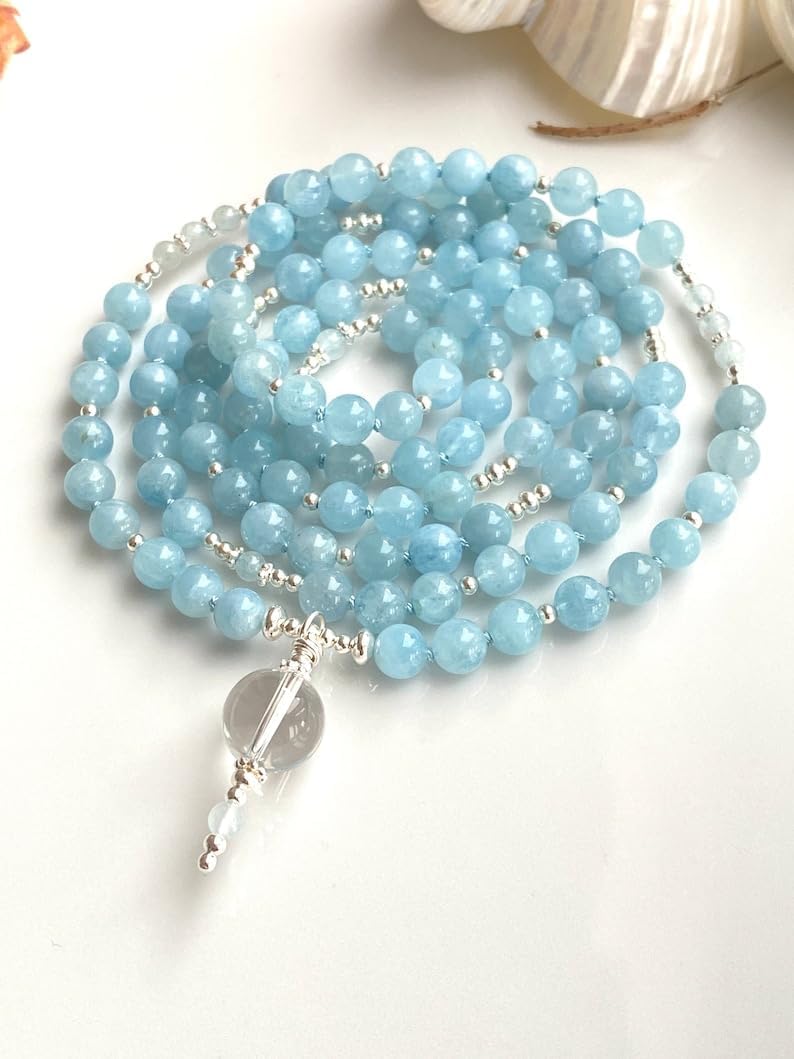 Natural Aquamarine 6-7mm 108 Mala Beads, Spiritual, Meditation Beads, Reiki, Japa Mala, Buddhist Prayer Beads, Yoga Bracelet, healing beads LKMALA-RRGU-3425
