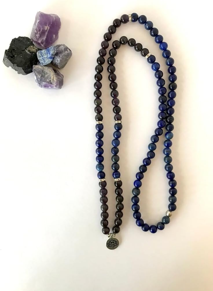 Natural Lapis Lazuli and Amethyst 8mm 108 Mala Beads, Spiritual, Meditation Beads, Reiki, Japa Mala, Buddhist Prayer Beads, Yoga Bracelet, healing beads LKMALA-RRGU-3338
