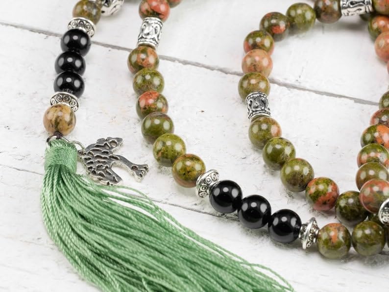 UNAKITE & BLACK ONYX Stone Mala Beads, 108 Mala Necklace, Knotted Mala, WWG Necklace, Yoga Jewelry Meditation Beads Spiritual Jewelry Boho Jewelry, 34inch, Gemstone