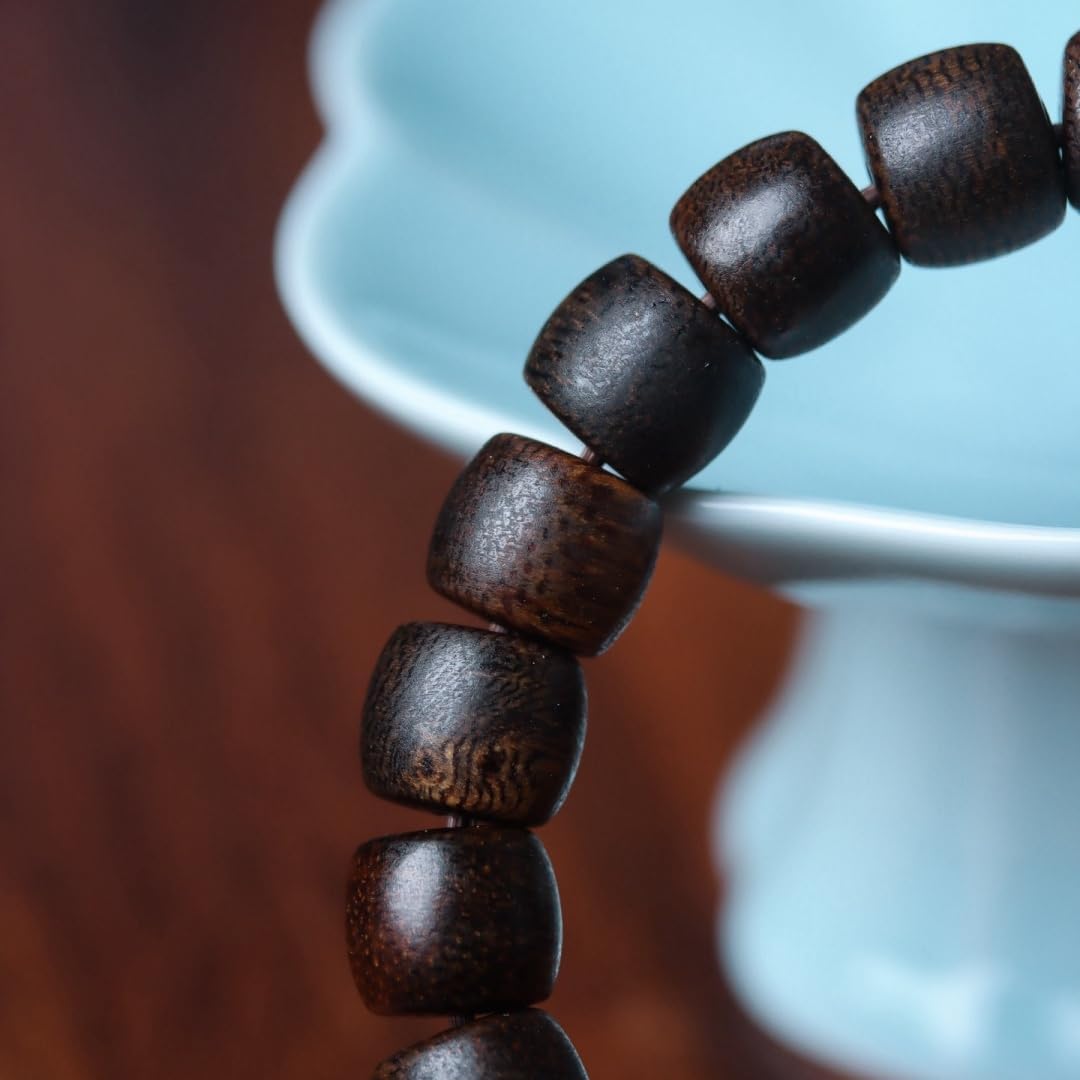 Hainan Yingge Green Aquilaria Agallocha Agarwood 9mm Barrel Beads Single Strand Full Grain, Dense Fragrance, Sweet and Cool Sink-Grade