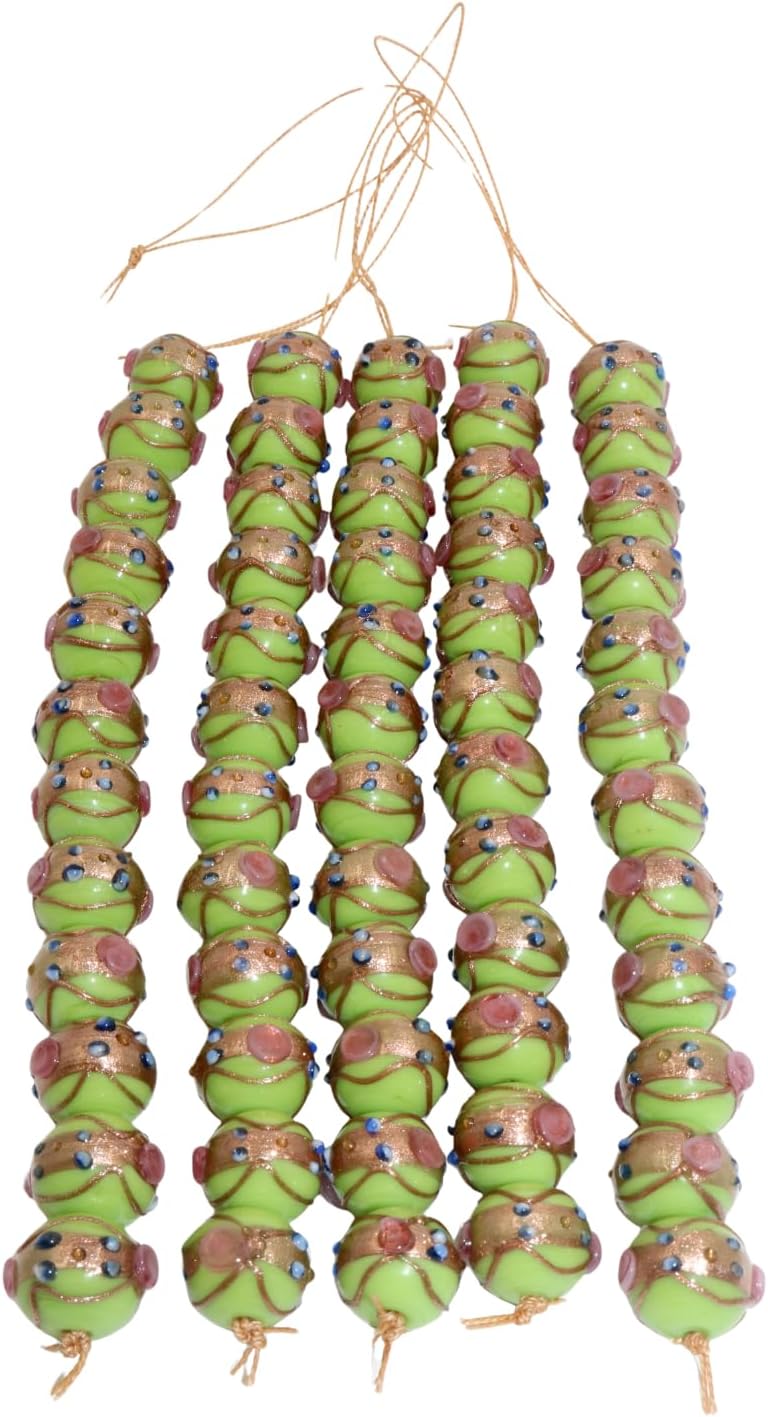 Handcrafted Green Designer Glass Beads | 16mm Murano Style Lampwork Beads with Golden Swirls | Available in 10 Strands | Perfect for Jewelry Making, DIY & Craft