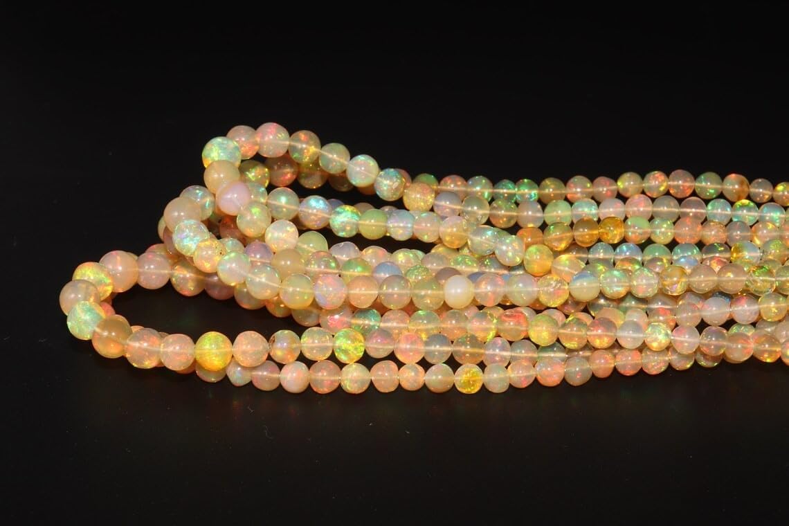 AAA+ Welo Ethiopian Opal Beads Strand – Natural Smooth Round Yellow Fire Opal – 4-8mm Plain Beads for Jewelry Making – 13” Full Strand
