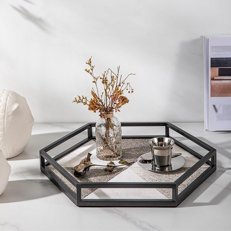 Cafeteria Tray Light Luxury Hexagonal Horsehair Tray Entrance Storage Cosmetics Desktop Tray Gray and White Ornaments Decorative Jewelry Tray Serving Trays(A,Medium)