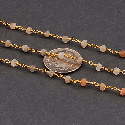 LKBEADS 50 Feets Multi Moonstone Rosary Style 2.5mm-3mm Beaded Chain -Bulk Wholesale 24k Gold Plated Chain