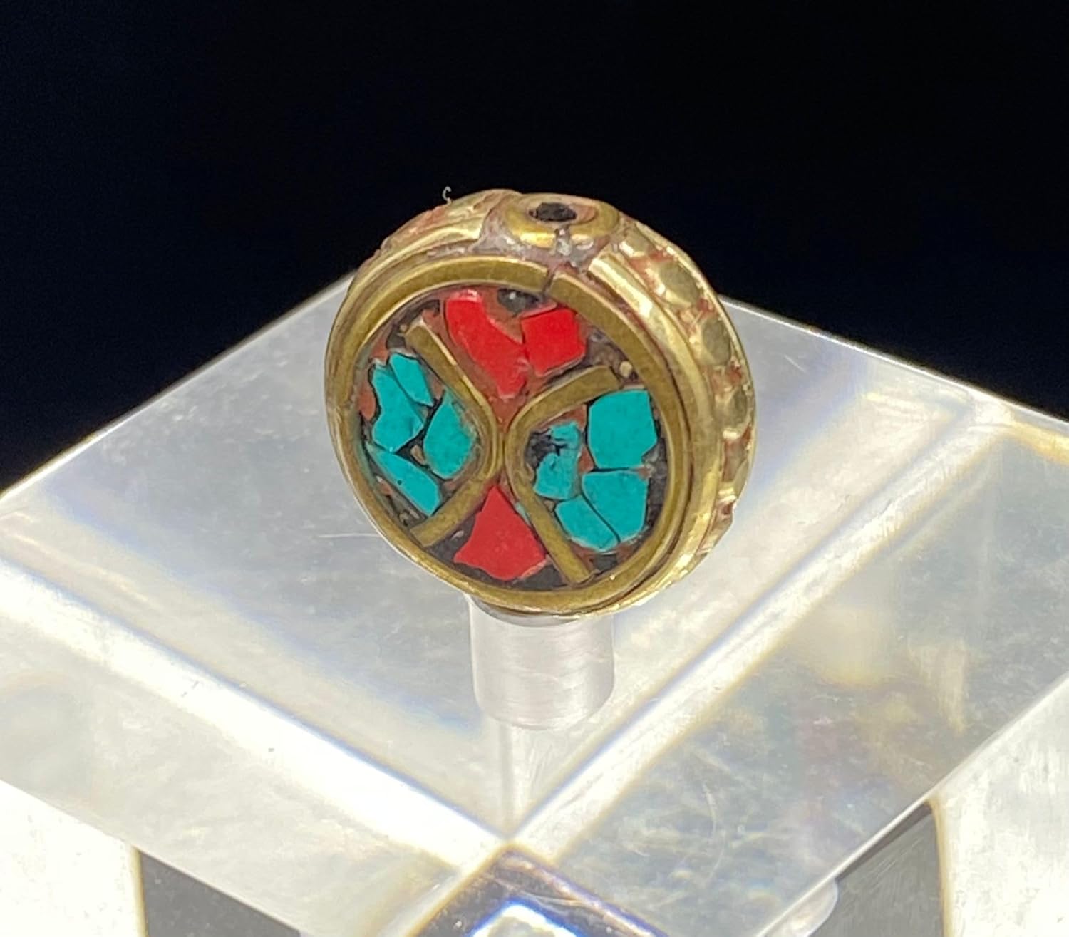 Old Antique 16x7mm Nepalese Tibetan Bead with Coral and Turquoise Inlay – 3.6g Handmade Brass Vintage Bead for Jewelry Making, Boho Crafts, Healing & Meditation Accessories (50)