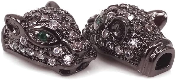 Davitu Silver Gold Color Green Eye Leopard Head Bead,Micro Pave White cz Cubic Zircon Leopard Head Bead for Bracelet Making Spacer Bead - (Color: Black)