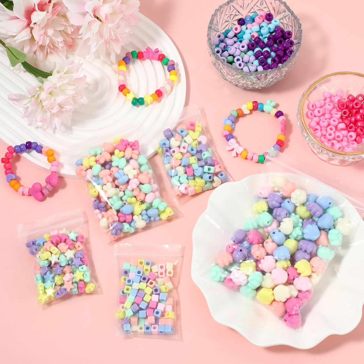 21000 Pcs Pony Beads Bulk 6 x 9 mm Mix Shapes Plastic Kandi Beads for Bracelet for Multicolor Craft Making Rainbow Necklace Jewelry Key Chain DIY Braids, 50 Colors