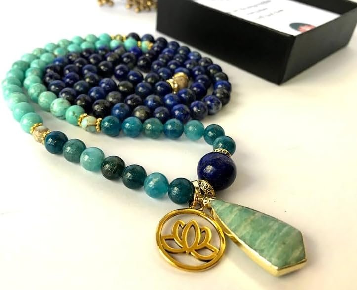 Natural Blue Apatite, Turquoise, Lapis Lazuli 8mm 108 Mala Beads, Spiritual, Meditation Beads, Reiki, Japa Mala, Buddhist Prayer Beads, Yoga Bracelet, healing beads LKMALA-RRGU-2502