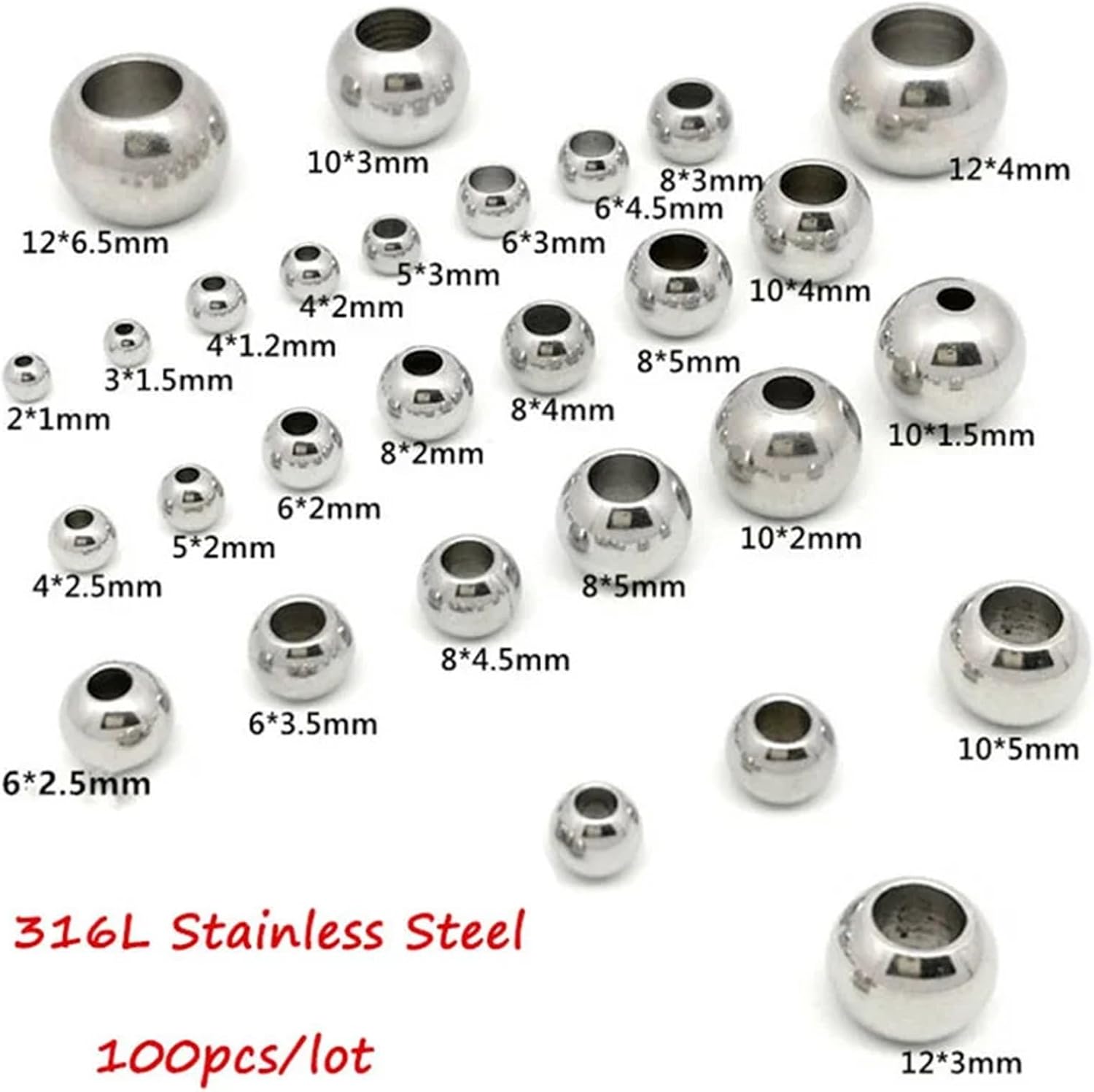 2 mm-12 mm 316L Stainless Steel Beads Metal Big Hole Spacer Beads for Jewelry Making DIY Bracelet Necklace 100pcs(10x3mm Hole)