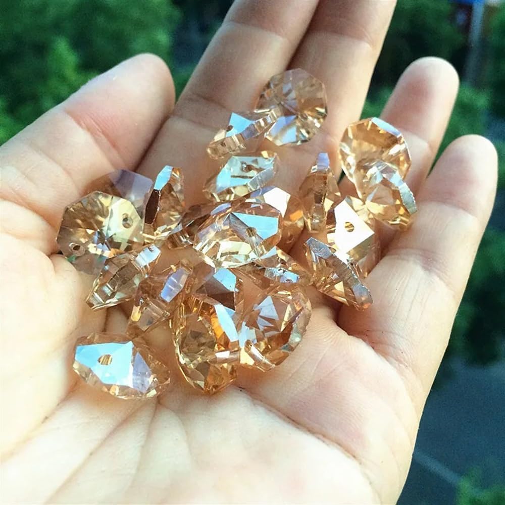 Hanging Crystals Prisms 500pcs 14mm Champange Crystal Octagon Beads in 2 Holes for Accessories Chandelier Parts Hangings Crystals for Decoration