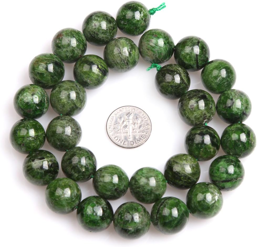 AAA Natural Round Smooth Semi Precious Stone Beads for Jewelry Making 15'' (Green Diopside/14mm)