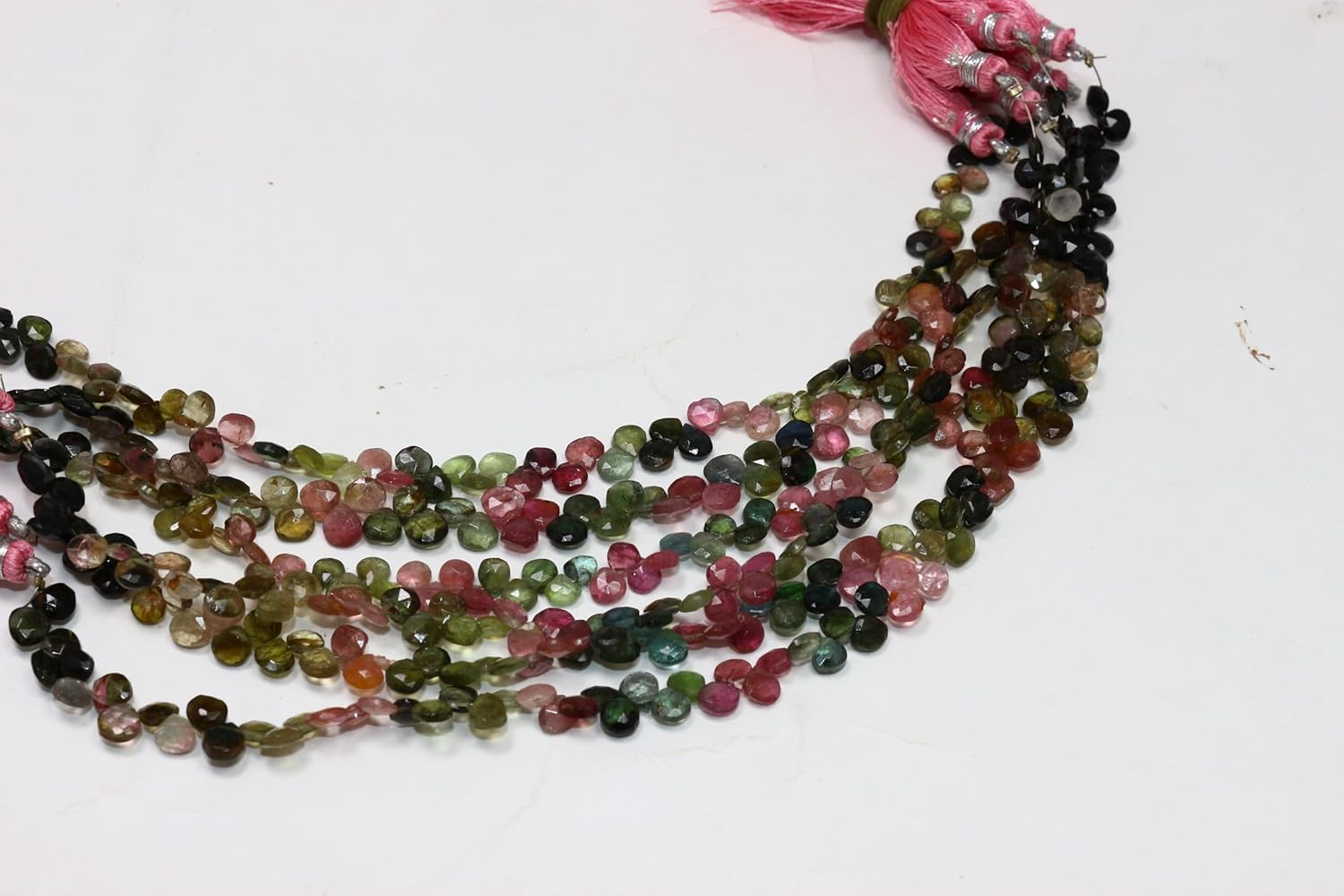 Natural Multi-Colored Tourmaline Heart Shaped Faceted Beads, Pink Green Black, 5-6mm Size, 8 Inch Strand with Tassel