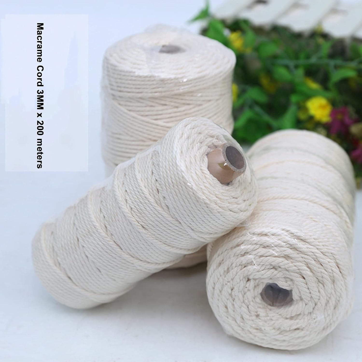 Cotton String Ball, Elastic cord, thread beading string,3mm Macrame Cord Beige 200m/500m/1000m,Thick Natual Cotton Twisted Macrame Rope,Macrame Cotton Rope DIY Craft Cords for Wall Hanging,Plant Hange