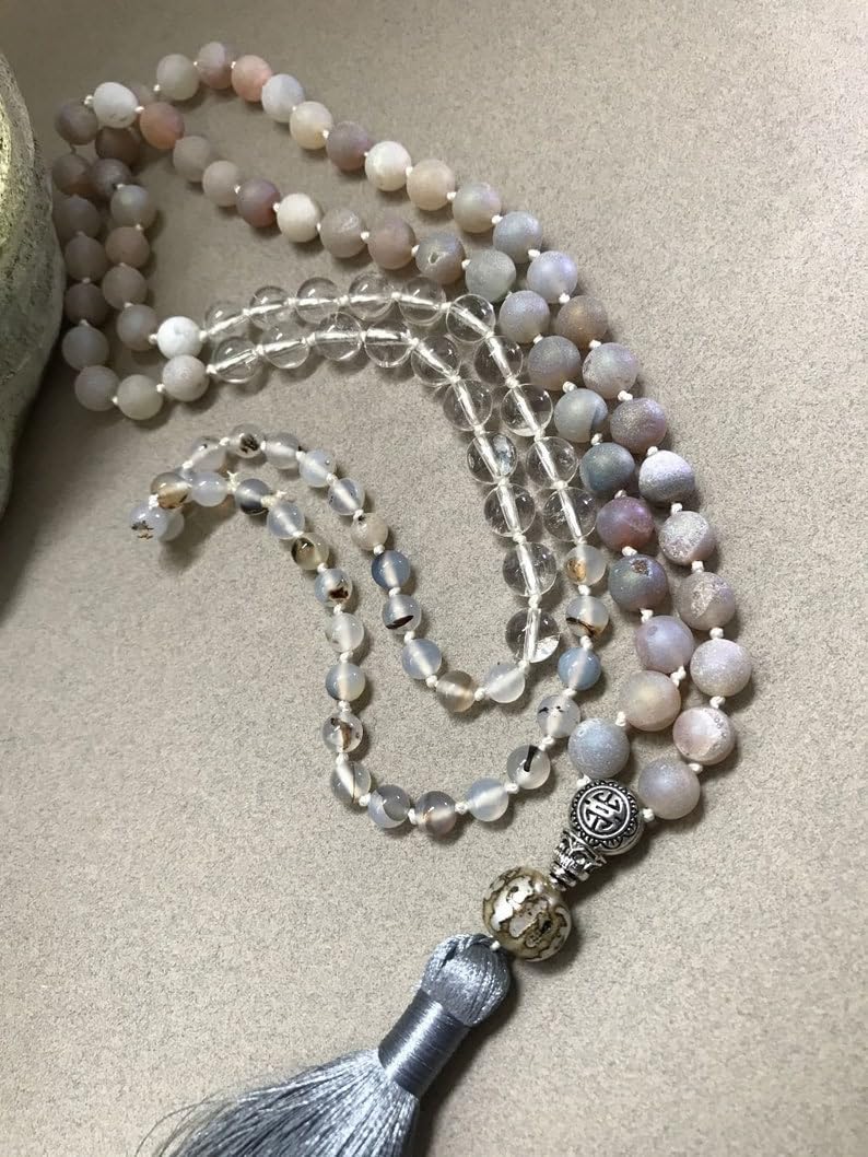 Natural Peruvian Clear Quartz, flower agate, aurora luster druzy beads, Stone Mala Beads, 108 Mala Necklace, Knotted Mala, WWG Necklace, Yoga Jewelry Meditation Beads Spiritual Jewelry Boho Jewelry,