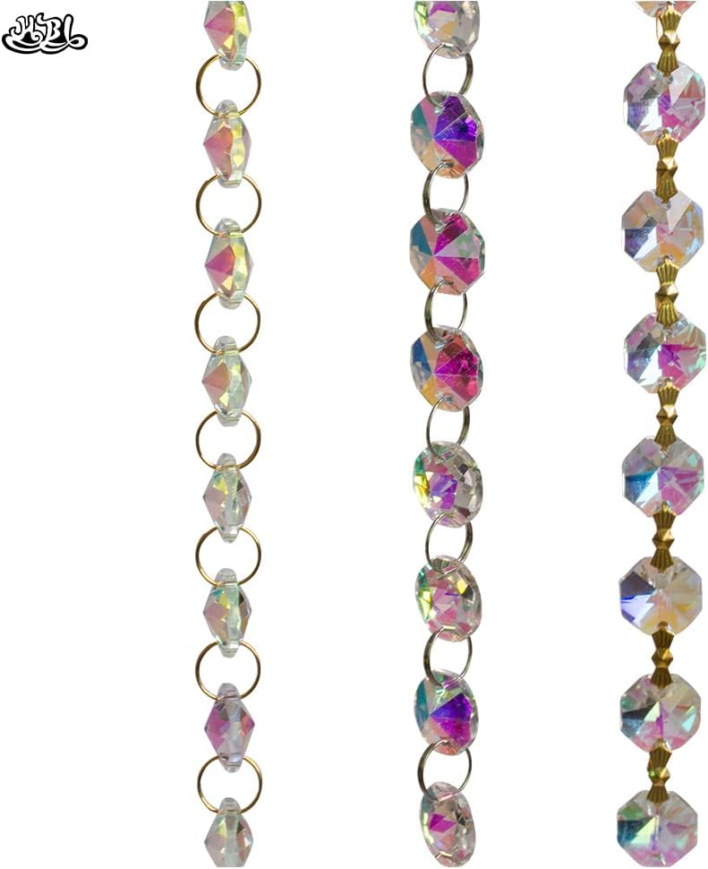 Charm AB 14mm Glass Crystal Beads Lamp Chain Garland Chandelier Prism Octagon Beads Chain Craft Jewelry Home Decoration - (Color: Gold Pin/Size: 100m)