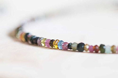 925 sterling Silver Handmade Beaded 3-4mm Multi Colour Multi Tourmaline stacking Necklace Rondelle, faceted 16inch for mens, womens, gf, bf and adults.