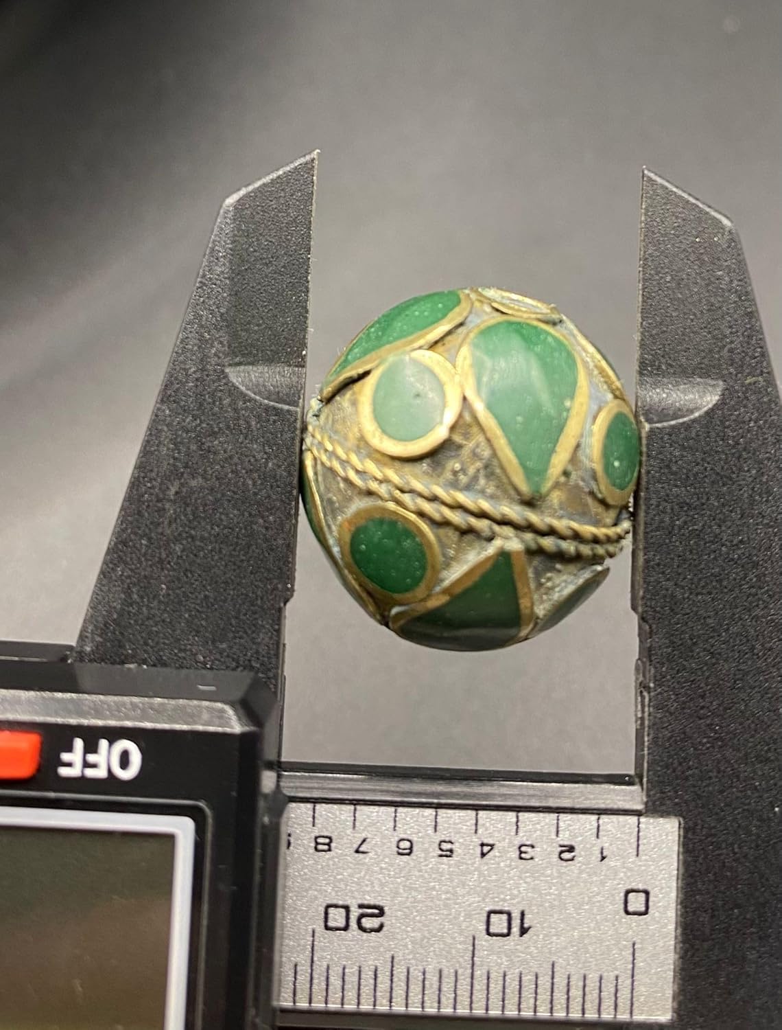Antique Tibetan Brass Inlay Bead 25x22mm 4.5g | Vintage Green Stone Handmade for Jewelry Making | Ethnic Nepal for Necklace, Bracelet, Earring Craft | Old Tribal Boho Bead (50)