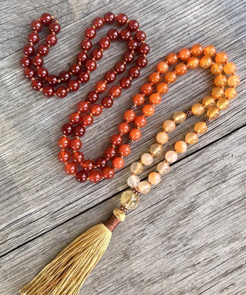 Natural Carnelian and Citrine 8mm 108 Mala Beads, Spiritual, Meditation Beads, Reiki, Japa Mala, Buddhist Prayer Beads, Yoga Bracelet, healing beads LKMALA-RRGU-3843, 34 inch