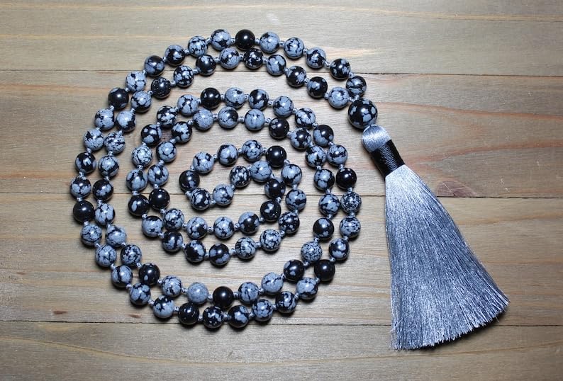 Natural Snowflake Obsidian 8mm 108 Mala Beads, Spiritual, Meditation Beads, Reiki, Japa Mala, Buddhist Prayer Beads, Yoga Bracelet, healing beads LKMALA-RRGU-3818
