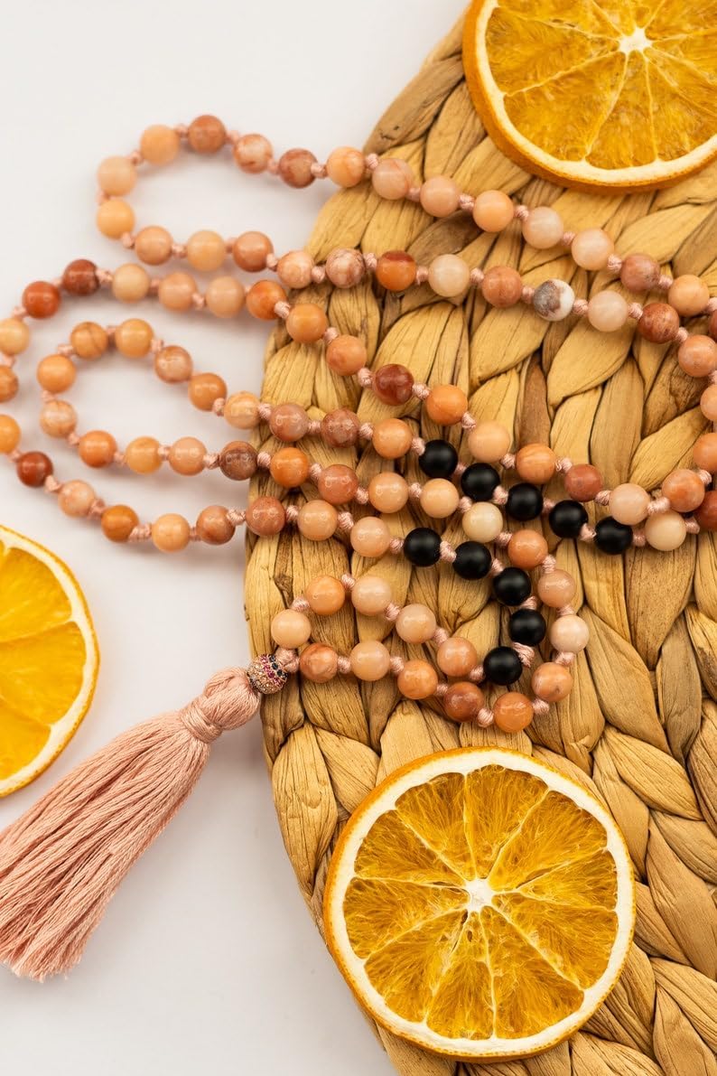 rhodonite,black onyx Stone Mala Beads, 108 Mala Necklace, Knotted Mala, WWG Necklace, Yoga Jewelry Meditation Beads Spiritual Jewelry Boho Jewelry, 34inch, Gemstone