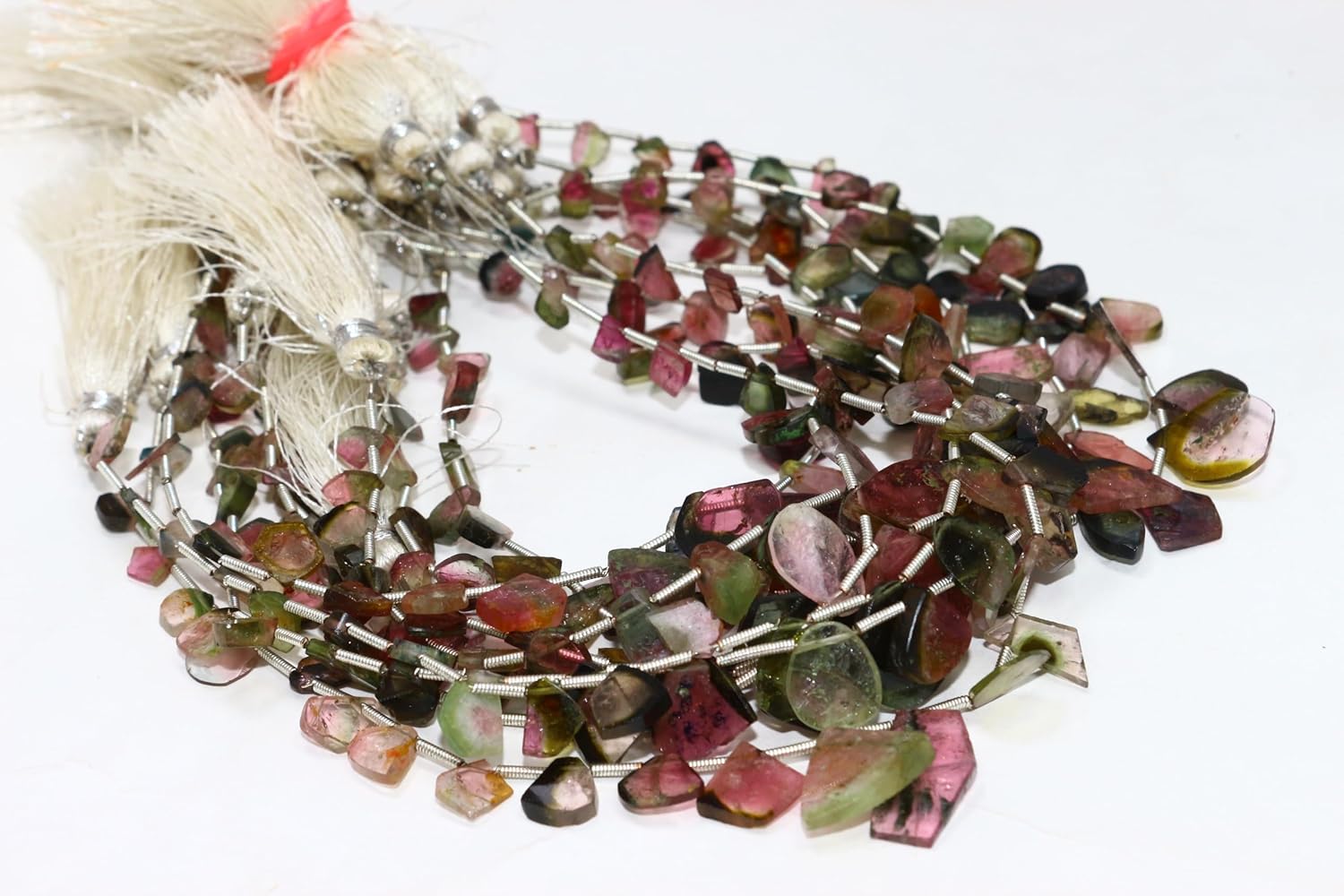 Natural Multi Tourmaline Rough Slice Beads, Pink Green Crystal Gemstones, 5-10mm, Silver Coil Spacers, 8 Inch Strand