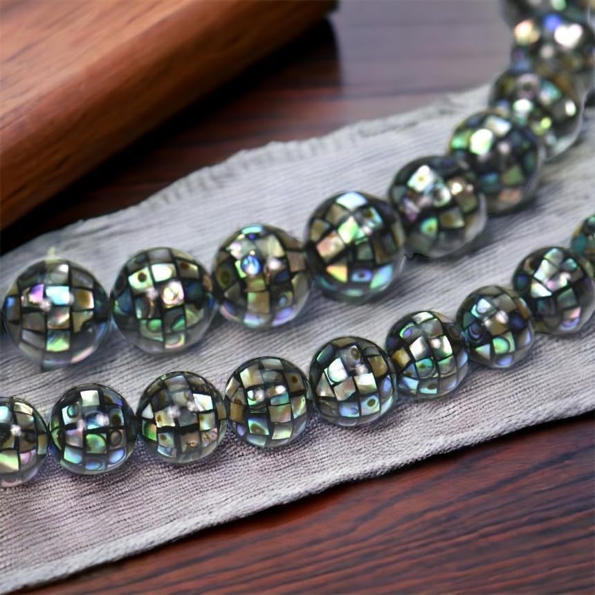 ABCGEMS (Full Strand) Gigantic New Zealand Abalone Beads (Each Bead is a Testament to Labor-Intensive Artistry- Exquisite Craftmanship) Checkerboard-Inlaid Mosaic Smooth Round 14mm (28 Beads)