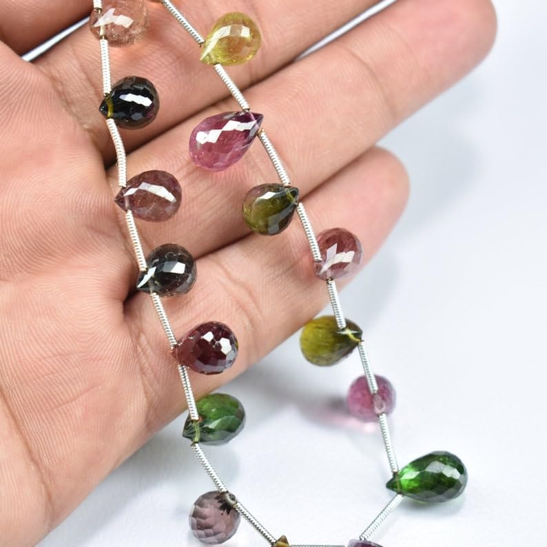 Natural Multi Tourmaline Teardrop Faceted Beads 7.5X10-8X12mm 8 inch Long String Jewelry Making Gemstone Beads for Necklace Bracelet
