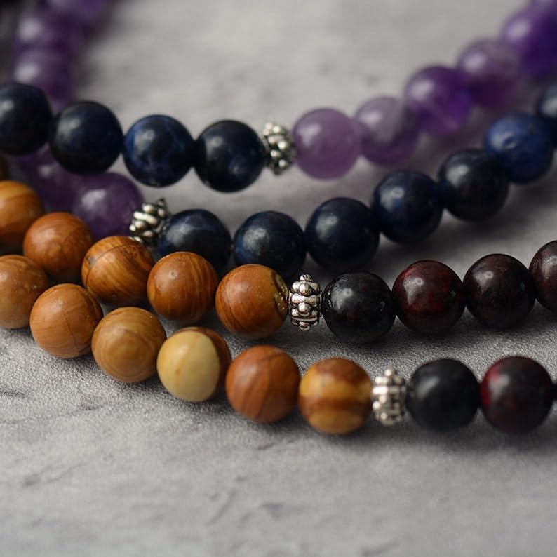 Natural Amethyst, Agate and Jasper Stone Mala Beads, 108 Mala Necklace, Knotted Mala, WWG Necklace, Yoga Jewelry Meditation Beads Spiritual Jewelry Boho Jewelry