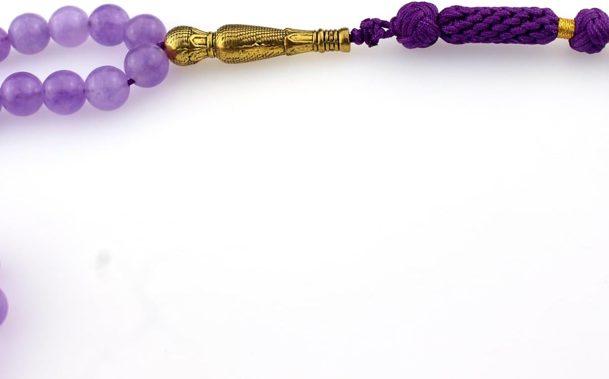 Muslims Islamic Dhikr 99 Tasbeeh Tasbih Prayer Beads, Purple Jade Stone Beads with Tassel