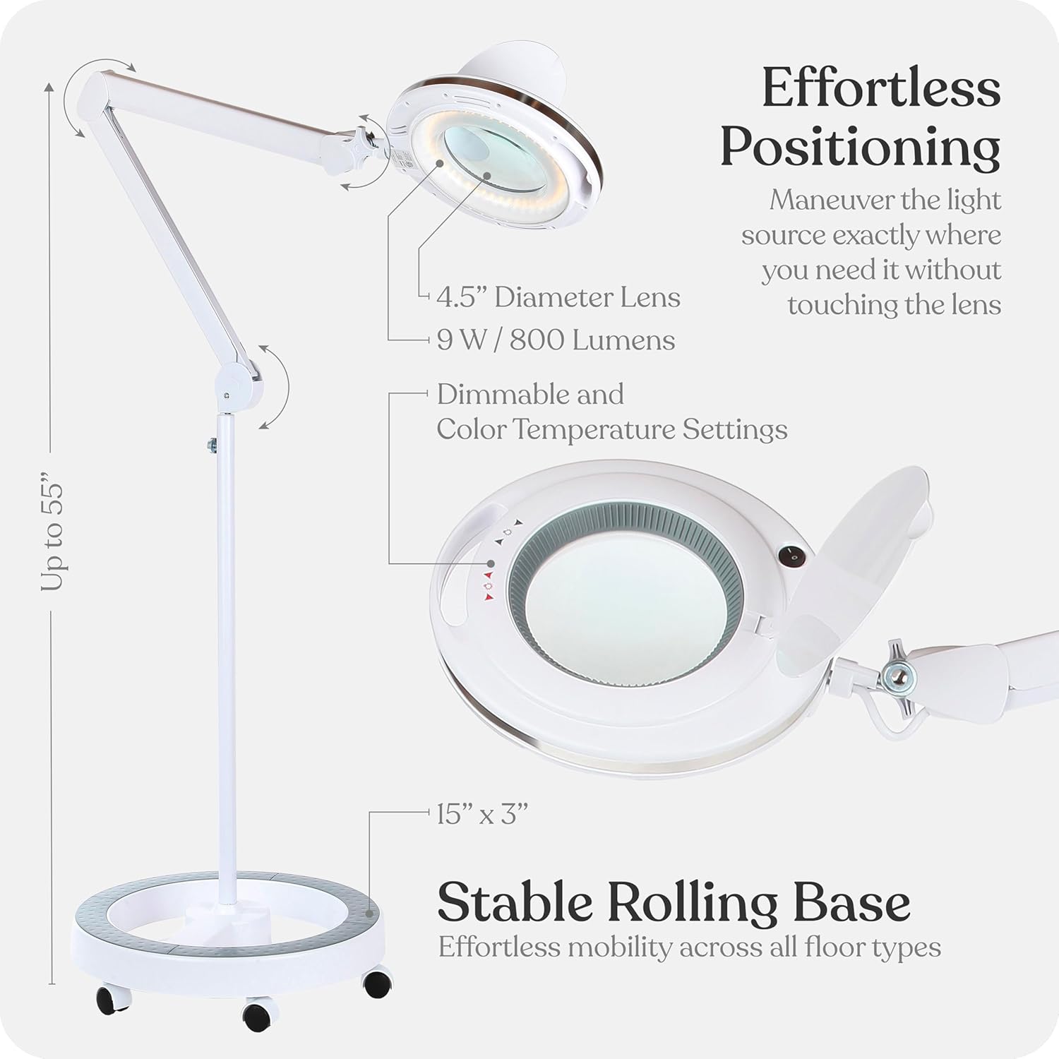 Brightech LightView Pro Magnifying Glass with Light and Stand, Magnifying Floor Lamp with a 6-Wheel Rolling Base for Facials, Lash Estheticians, Dimmable LED Work Light for Sewing, Crafts